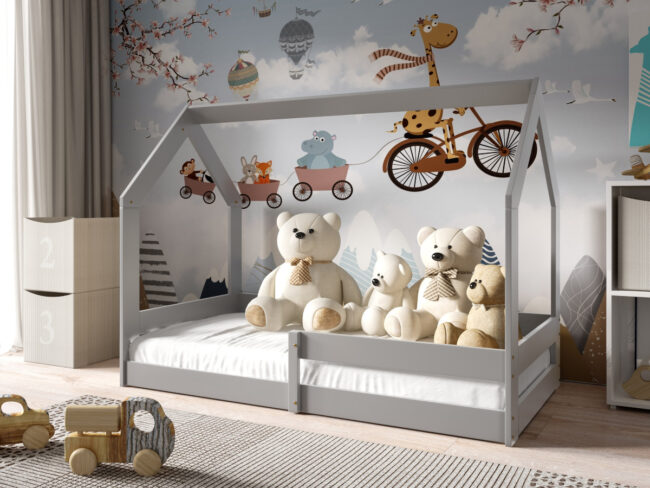 Łóżko Domek 80x160 CM Dziecięce + Barierki + Drewniano Sosnowe - Szary Biały Naturalny - OFERTA MAGAZYNOWA - WYSYŁKA OD 3 DNI - MILA